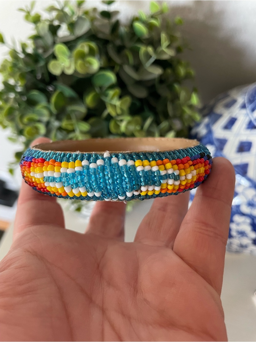 Vintage Native American Hand Made Beaded colorful Blue Leather Bangle Bracelet